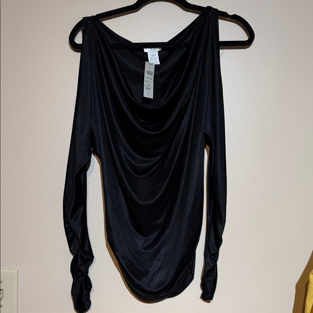 Cache Black Draped Cowl-Neck cold shoulder Long Sleeve Top